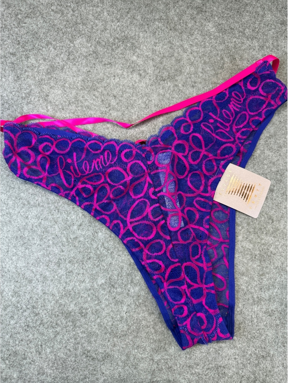 Savage X Fenty Lace Thong Panties Brazilian Dreamy Blue Pink Highlighter Sz 1X